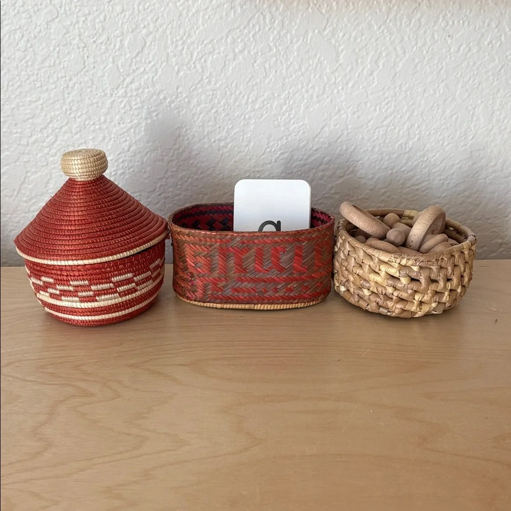 Vintage Handwoven African Mini Basket with Lid Set